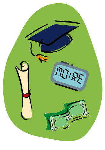 An illustration displays a graduation cap with a digital clock with the word “more” and dollar bills.