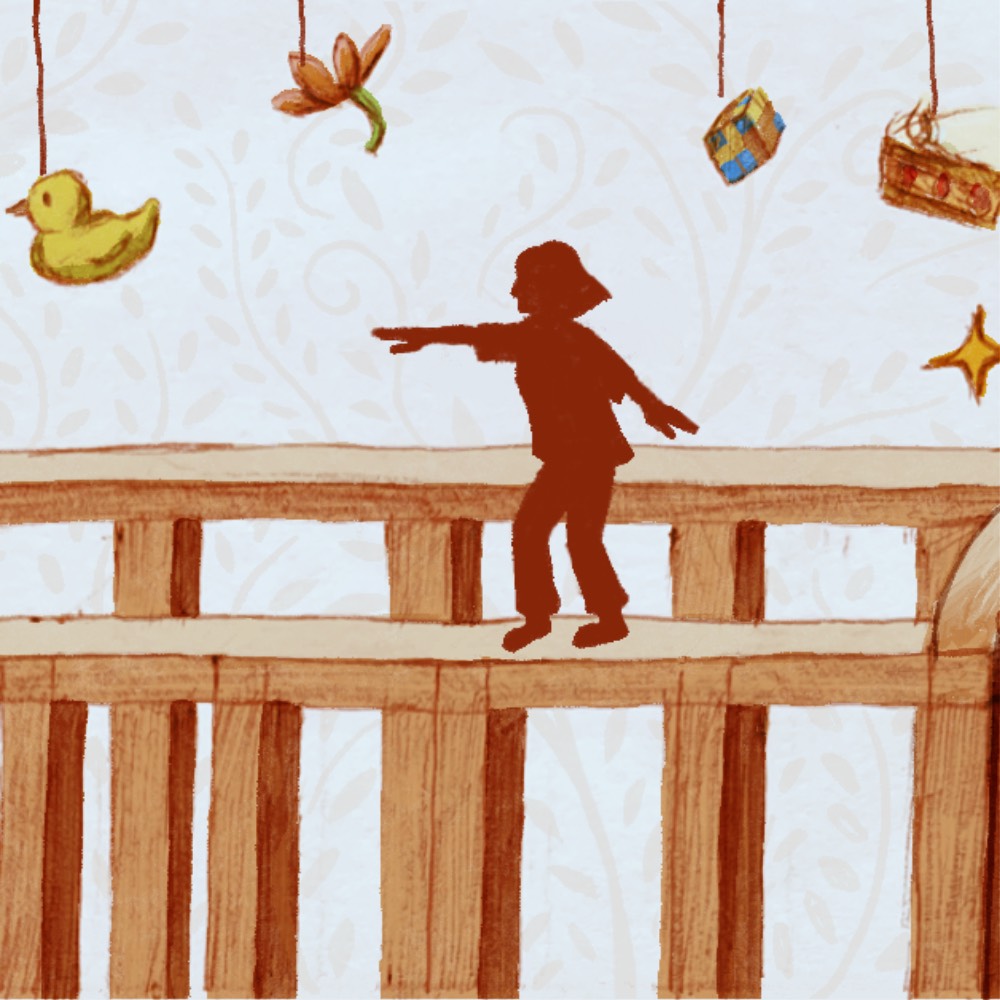 A parent figure is trying to balance on the edge of the crib, showing how the situation can be tricky to handle.
