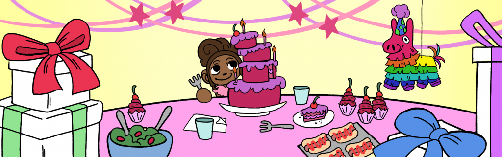 Little ethnic girl is peeking from behind a birthday cake sitting on a big decorated table. Colorful pinata  is hanging in the background.