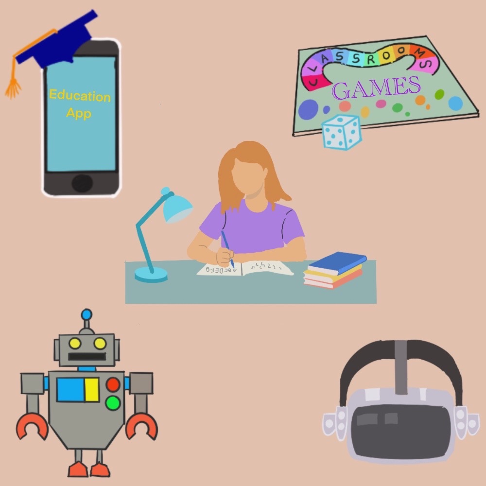 An illustration includes a young girl studying at her desk; she is surrounded by multiple icons like mobile apps, virtual reality games, and robotics.