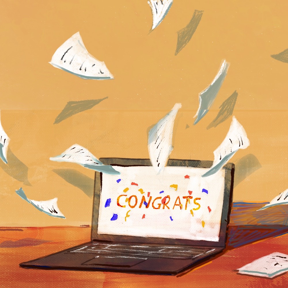 A bunch of certificates swooshes in the air from the computer screen displaying “congratulations.”