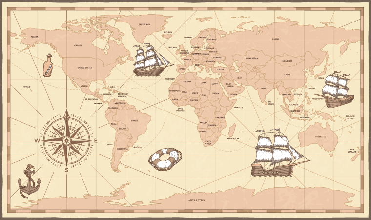 Antique world map. Vintage compass and retro ship on ancient marine map. Old countries boundaries vector illustration