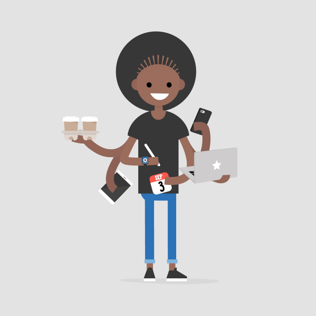 Intern, conceptual illustration. Multitasking millennial concept. A young black girl with six hands doing a lot of tasks at the same time.
