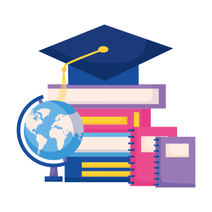 education supplies school - graduation cap, books, globus, notebooks.