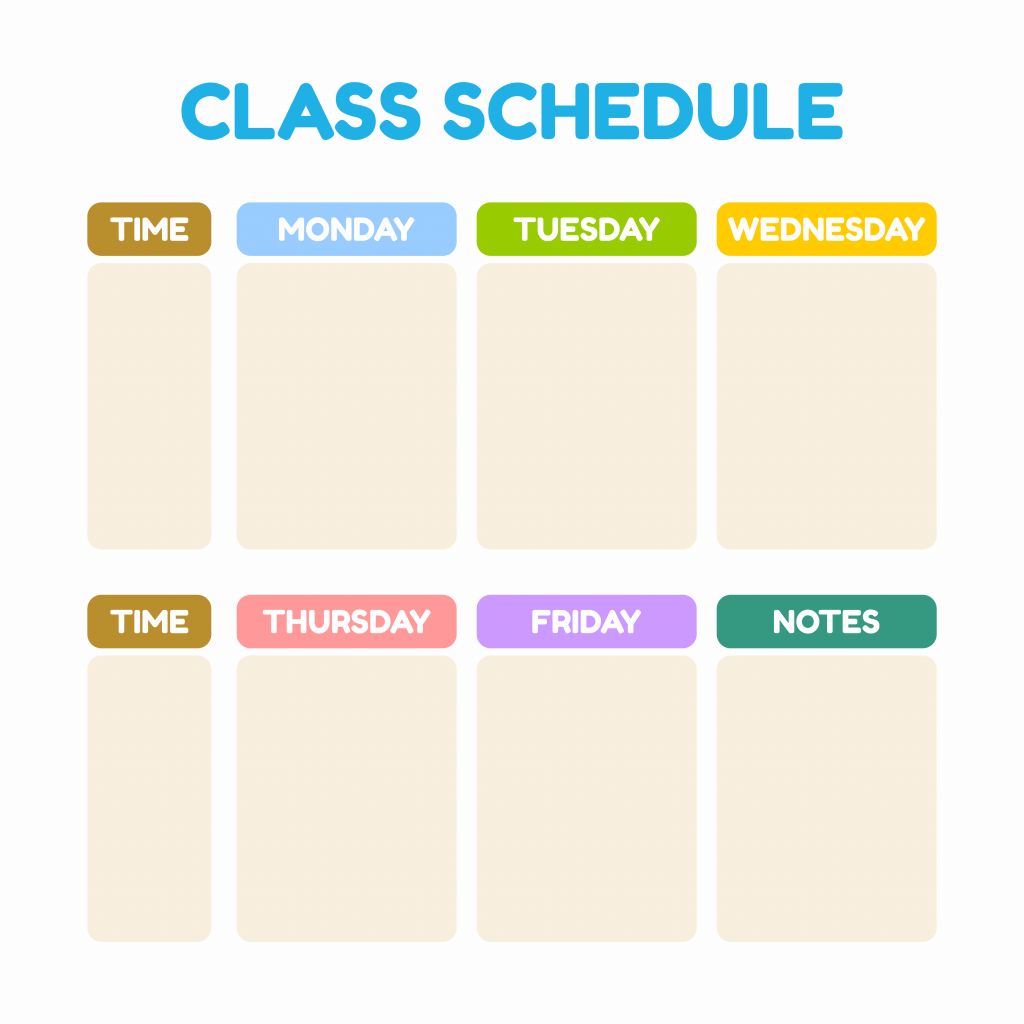 Weekly class schedule template. Organizer planner and schedule with place for Notes.