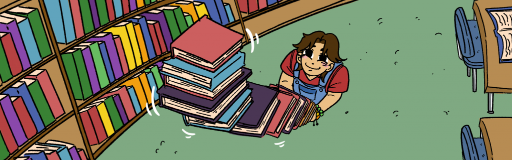 a child walking through bookshelves with lots of books, holding a tall stack of books