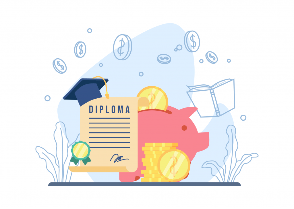 Graduation related icons are stacked to create these illustrations - piggy bank, diploma, graduation cap, books, and coins.