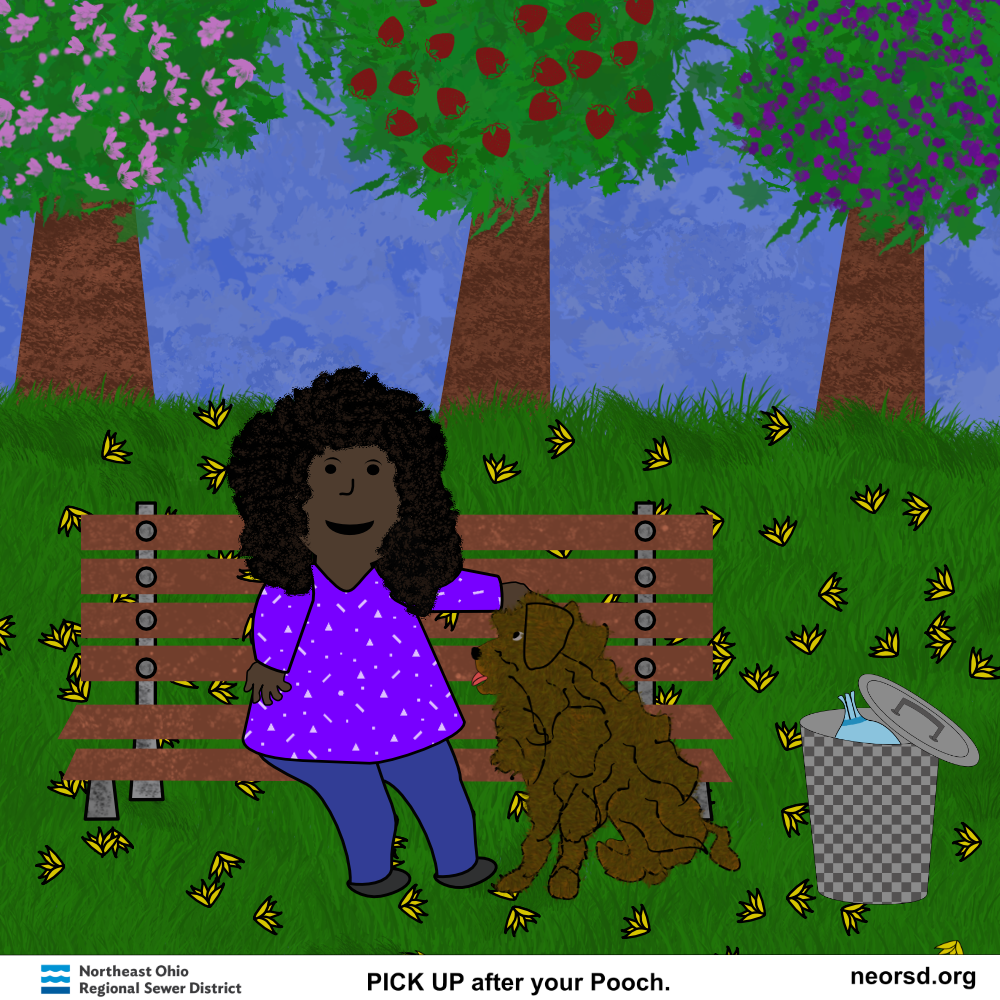 Dog owner and her dog are enjoying time in the park. Illustration by Lisa Van Dyke.