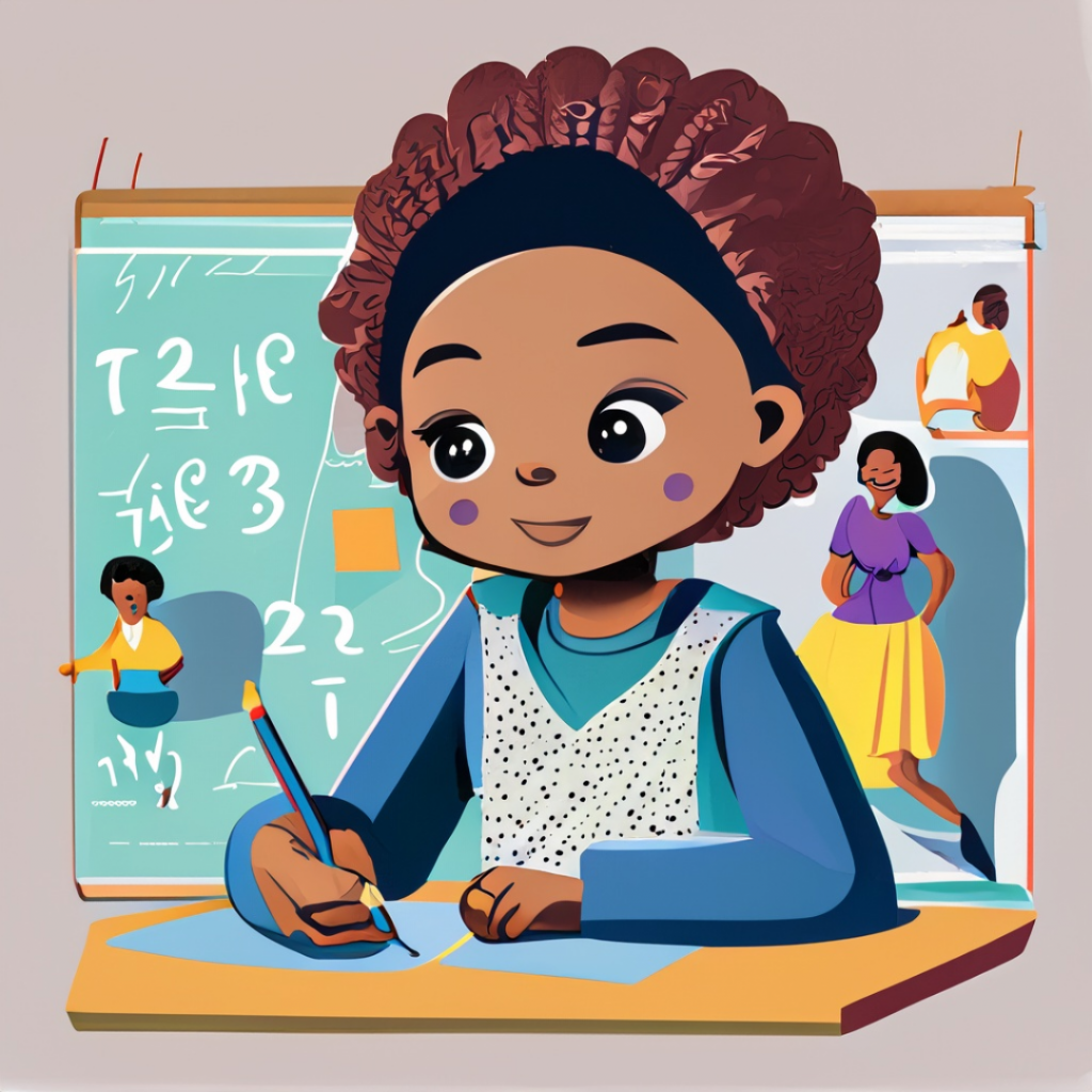 Young African-American female student sits at her desk working on math quiz.