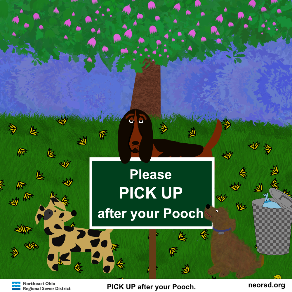 Illustration of a small group of dogs centered around the sign "Pick Up after Your Pooch"