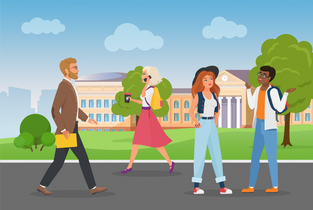 People walk near a university campus in a city landscape vector illustration. Cartoon cityscape with young student characters talking, a walking man teacher holding a folder, girl with a coffee cup background.
