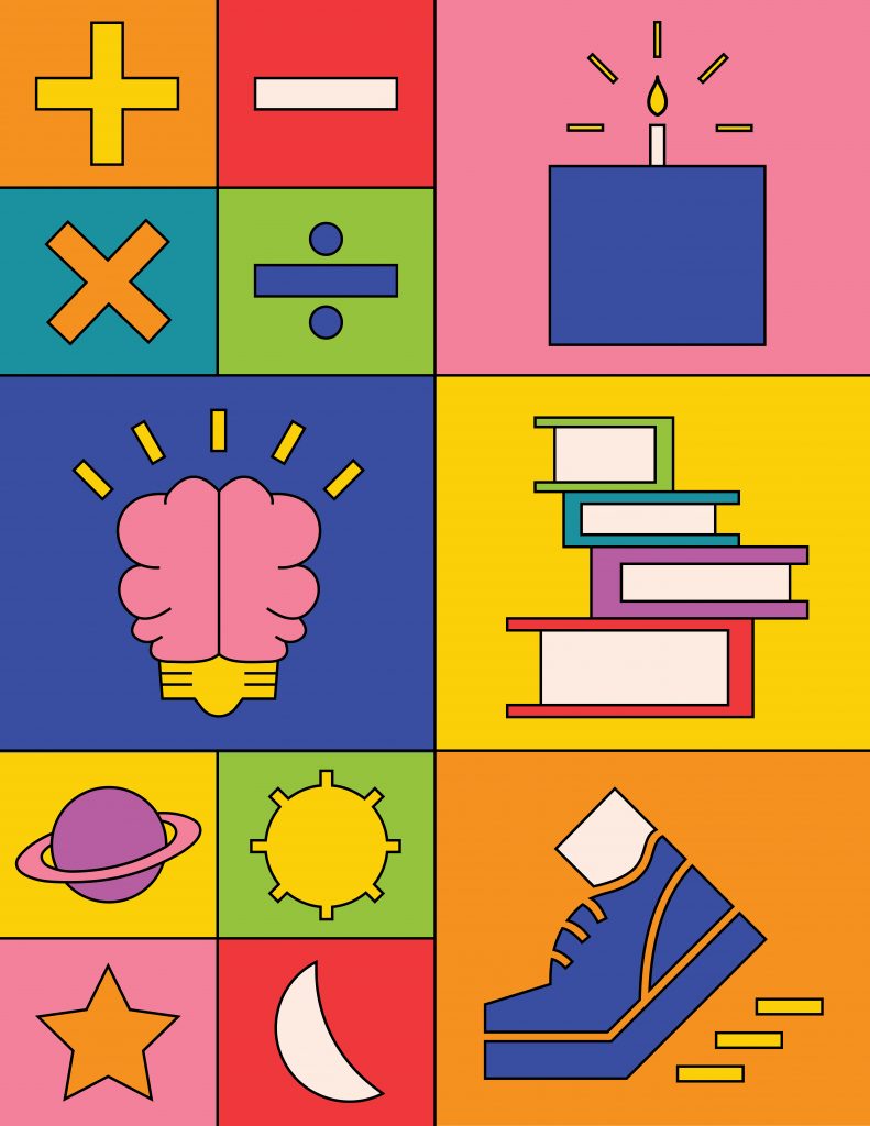 A colorful illustration comprises multiple square/rectangular icons representing various educational elements. 
