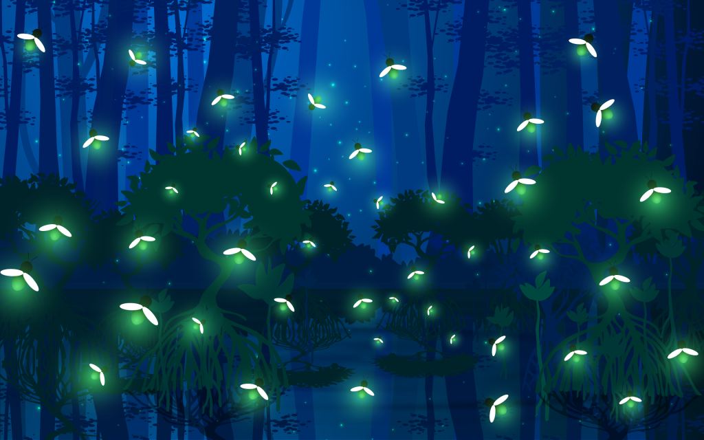 Fireflies at the mangrove forest in the night.