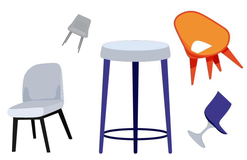 set of chairs and stools with different design shape and size and color for school, home and office.