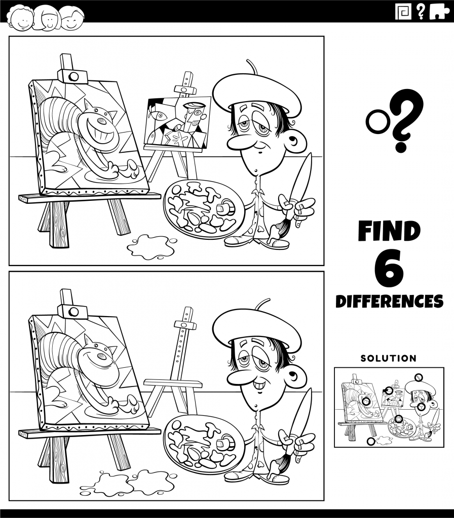 differences educational game with painter coloring book page
