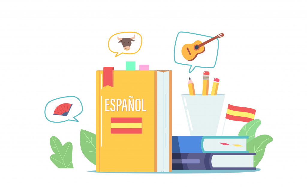 Learning Spanish, Espanol Foreign Language Concept with Textbooks and Stationery. Courses, Classes, Webinar, Education