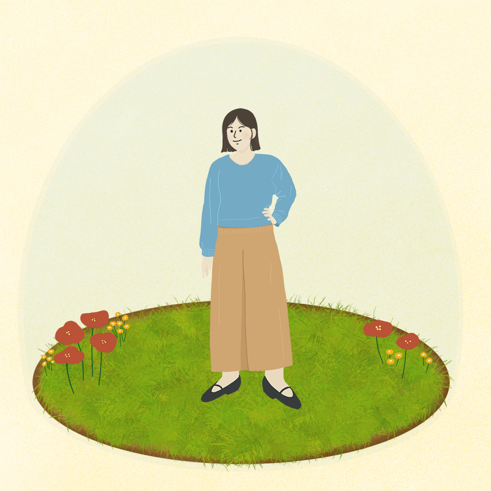 Illustration of a woman standing in a circle filled with grass and flower beds. 