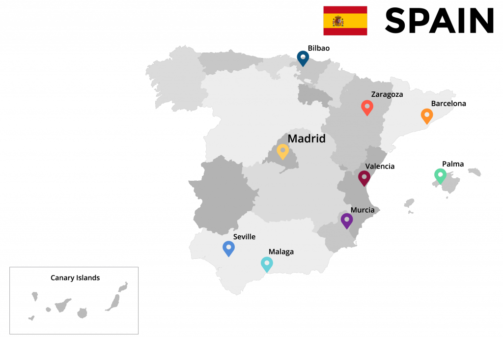 Spain vector map infographic template. Slide presentation. Color Europe country. Madrid, Valencia, Palma, Seville, Malaga, Bilbao, Murcia, Zaragoza.