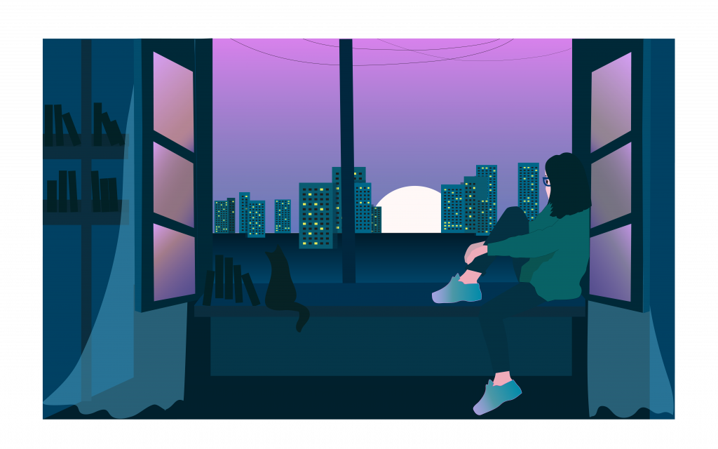 A girl sits at the window watching a night cityscape in the background.