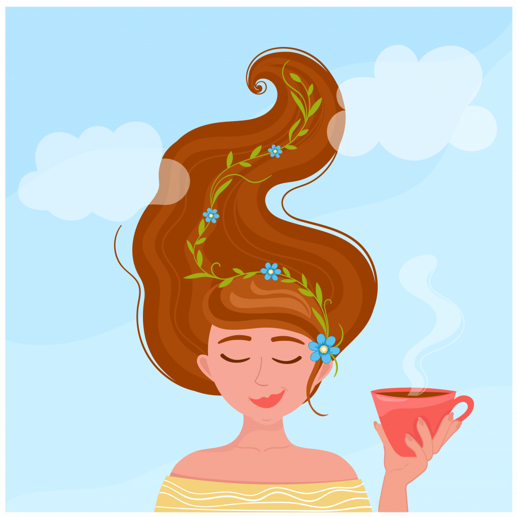 A girl holds a cup of tea while daydreaming about other things.