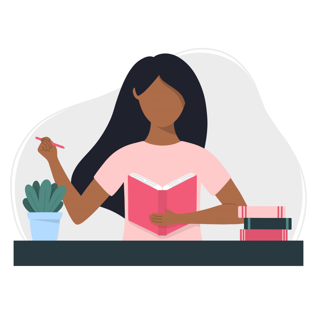 Black woman writes in a notebook. Planning, studying, writing or reading concept. Flat style vector illustration.