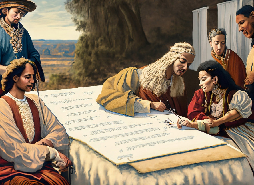 Digital illustration of Renaissance Era diverse scholars writing outdoors.