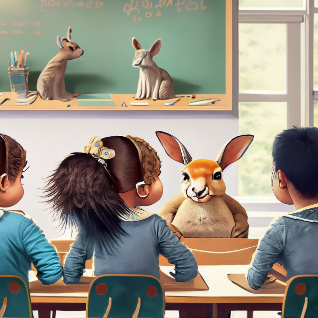 Imaginary classroom where students sit at their desk along with kangaroo.