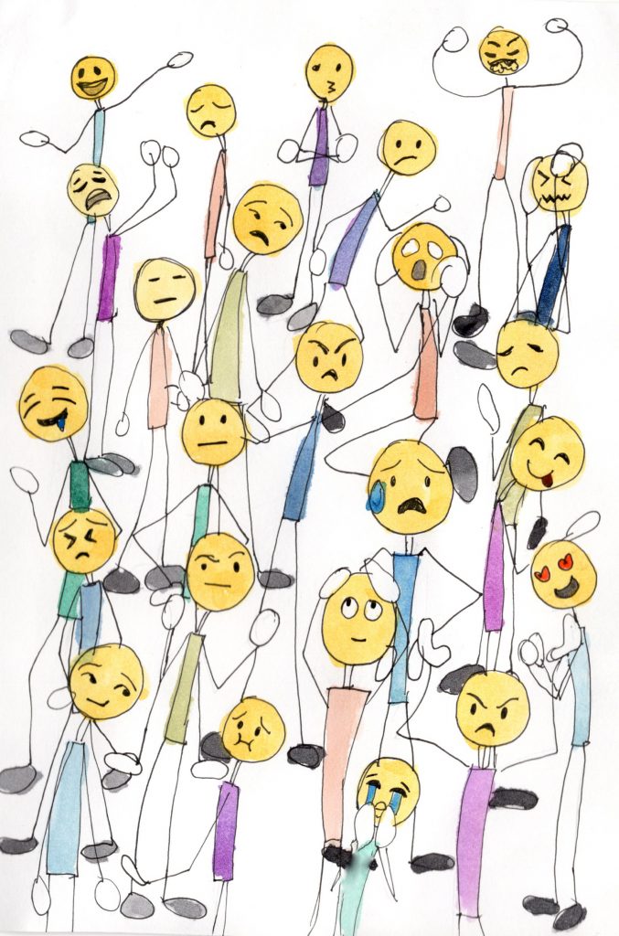 Illustration of emoji people representing an array of emotions.