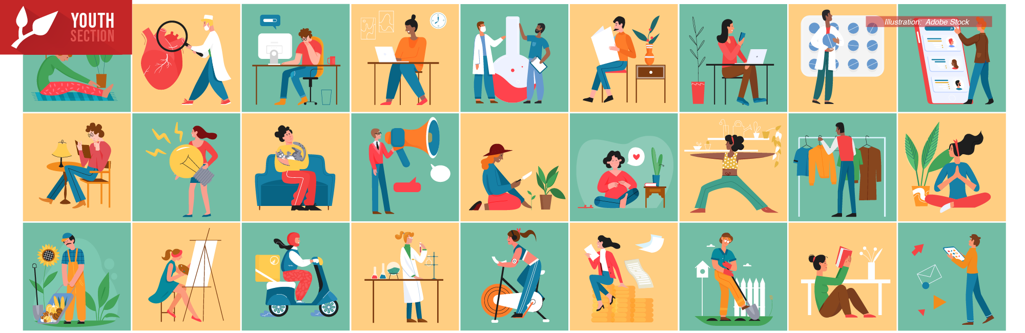 People of different professions in daily life activity vector illustration. Cartoon business, leisure or hobby scenes of woman and man characters, lifestyle concept horizontal banner background