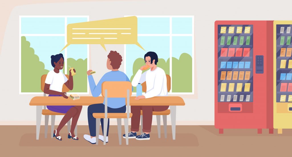 Students on lunch break flat color vector illustration. Eating snacks in hallway. Happy pupils talking while sitting at table 2D cartoon characters with cafeteria interior on background