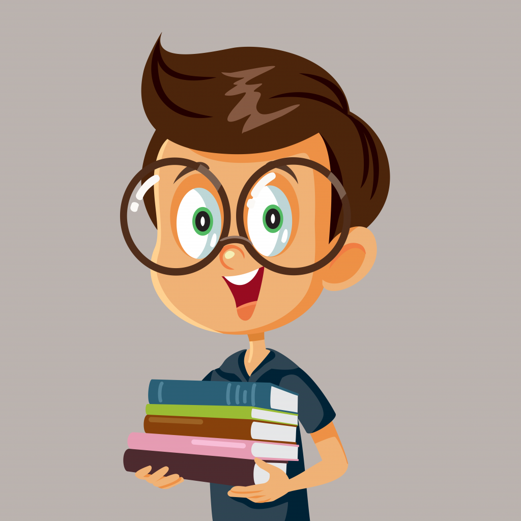 Young boy wearing eyeglasses is carrying a stack of books.