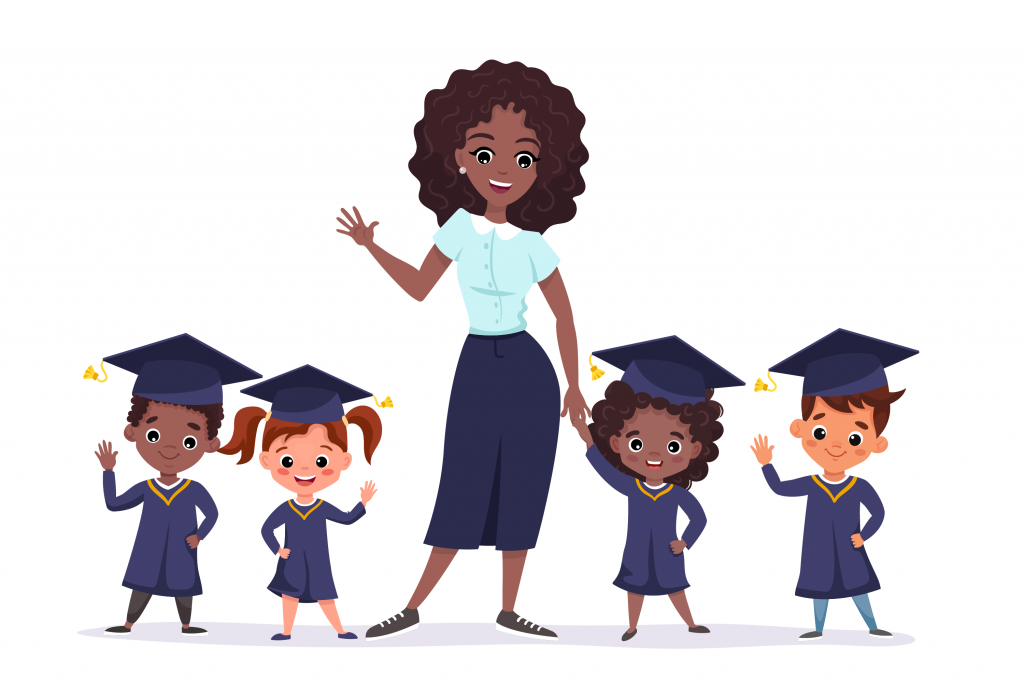 Happy graduate children wearing academic gowns and caps. Multicultural kids with an African American teacher are celebrating Kindergarten graduation together. Flat cartoon vector illustration.