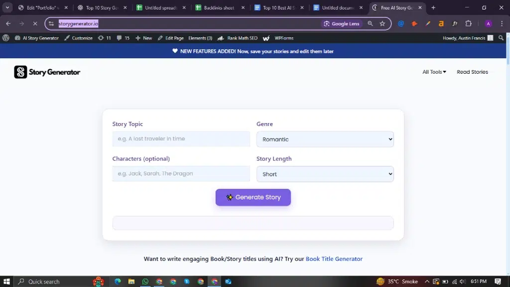 screenshot of story generator tool