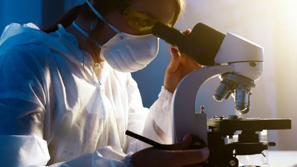 female scientist is looking through the microscope lense
