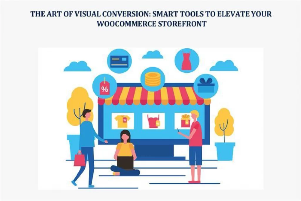 vector image depicting people in front of the virtual storefront