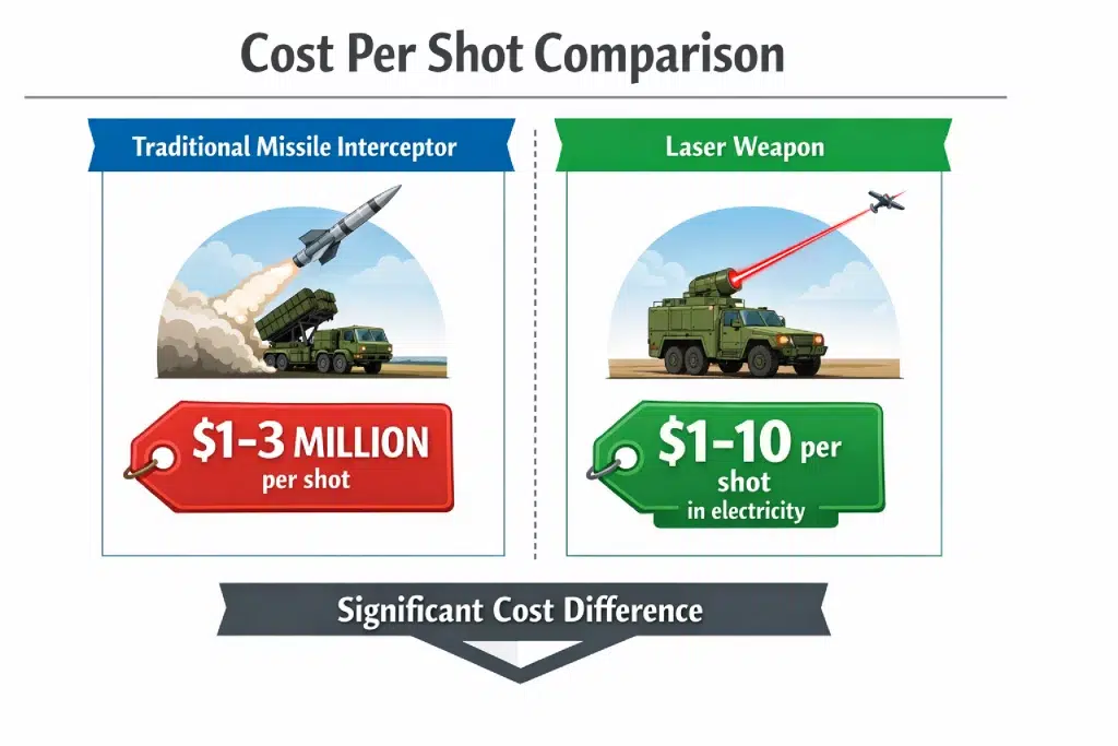 infographic showing cost comparison for traditional missile interceptor vs. laser.