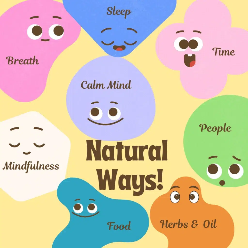 vector image with highlights of natural ways to calm yourself and tips for tress management.
