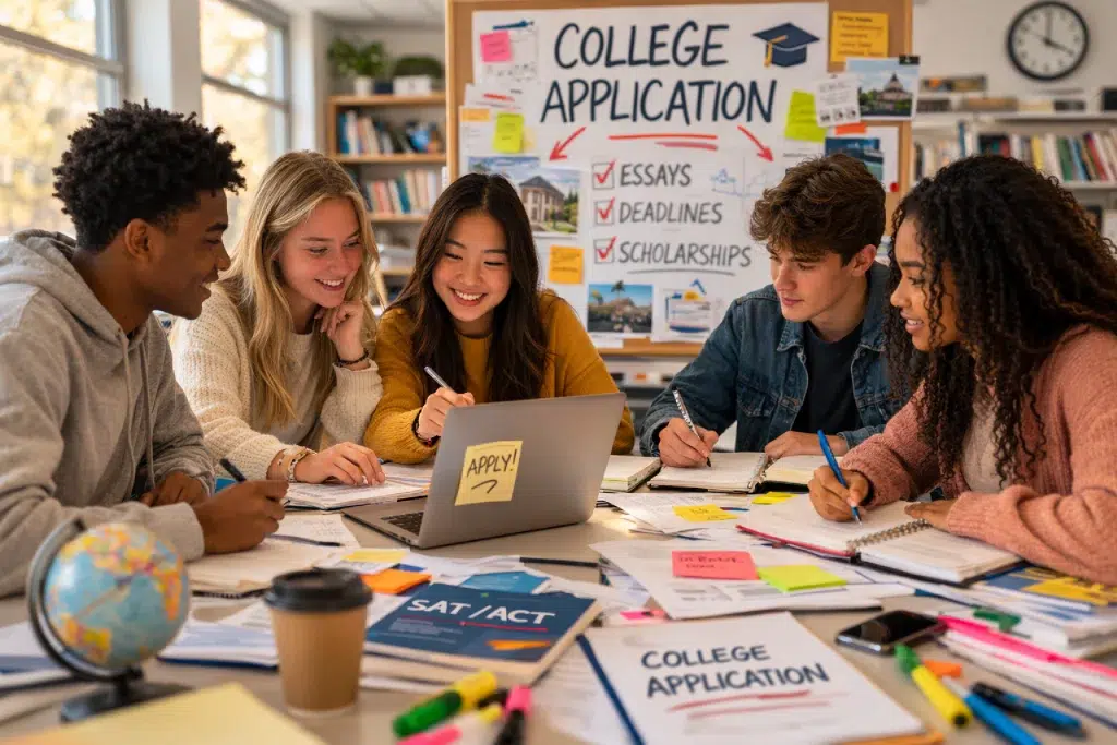 a group of diverse young people looking at a computer screen as they work on their applications