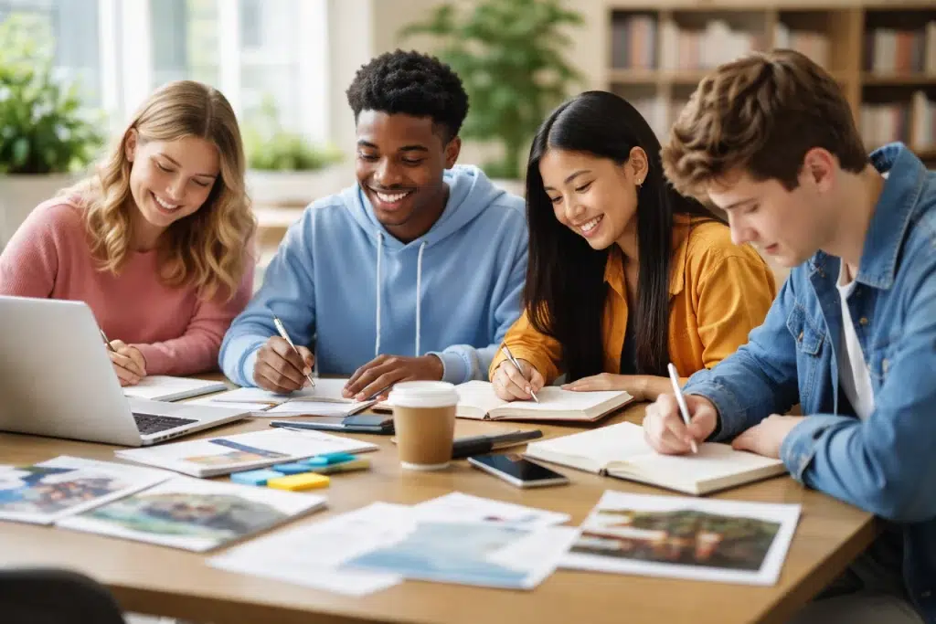 a small group of diverse young people writing and collaborating on a project