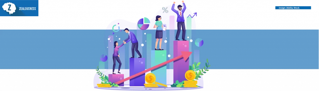 business growth vector graphic with individuals standing on the top of the graphic chart bars celebrating