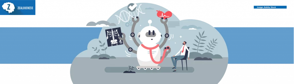 vector illustration with robot/AI performing healthcare related tasks while a person sits on the chair watching it.