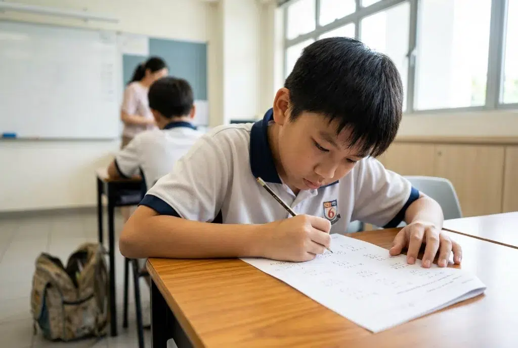Young Asian boy writes with pencil as he sits at the school desk.