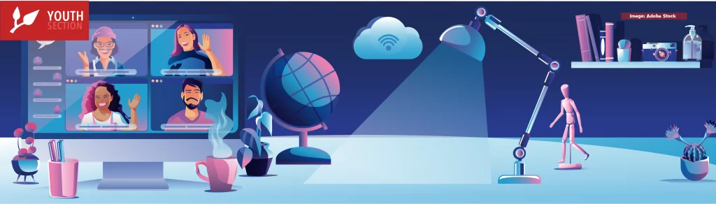 Businessmen use Video conference landing Working People on window screen taking with colleagues. Videoconferencing and online meeting workspace page, man and woman learning Vector illustration, Flat