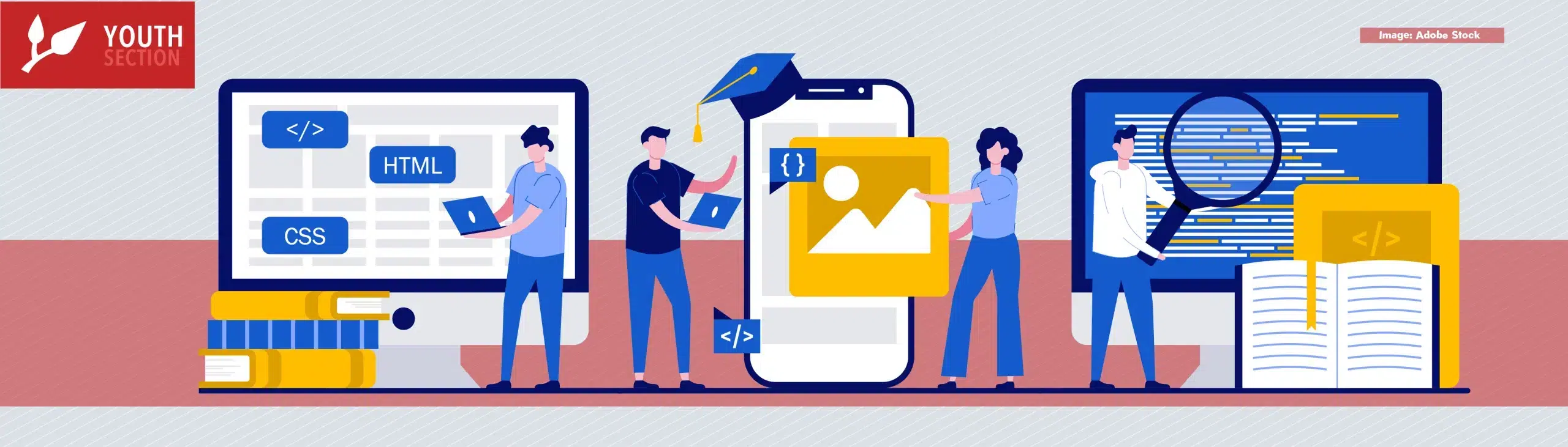 Web development courses, mobile app development and IT management classes concept with tiny people. Information technology career vector illustration set. Junior frontend, online coding metaphor