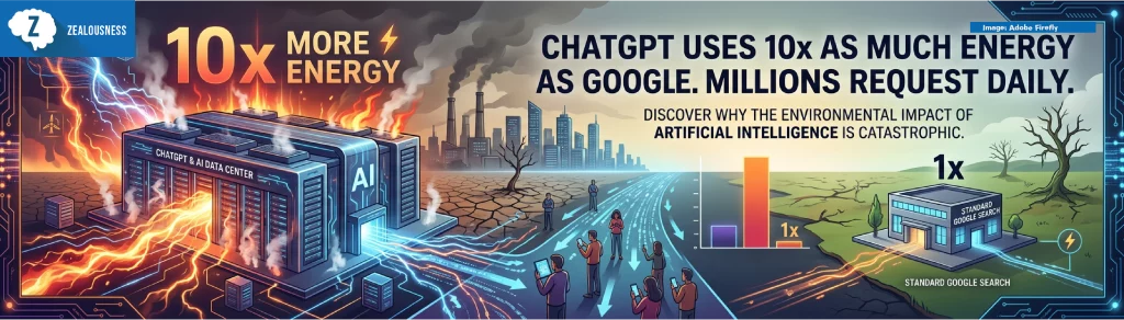 vector image depicting ChatGPT uses 10x as much energy as Google. Millions request it daily. Discover why the environmental impact of artificial intelligence is catastrophic.