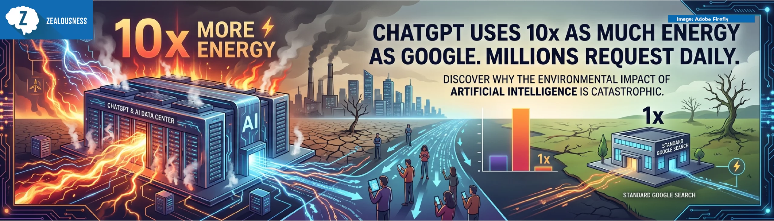 vector image depicting ChatGPT uses 10x as much energy as Google. Millions request it daily. Discover why the environmental impact of artificial intelligence is catastrophic.