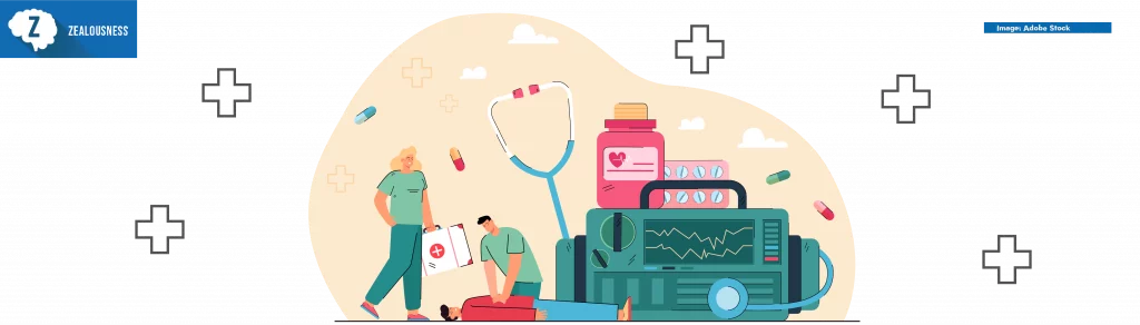 Emergency cardiopulmonary resuscitation. Flat vector illustration. Tiny medics with giant medical equipment saving the life of an unconscious man. Emergency, resuscitation, medical help, accident concept