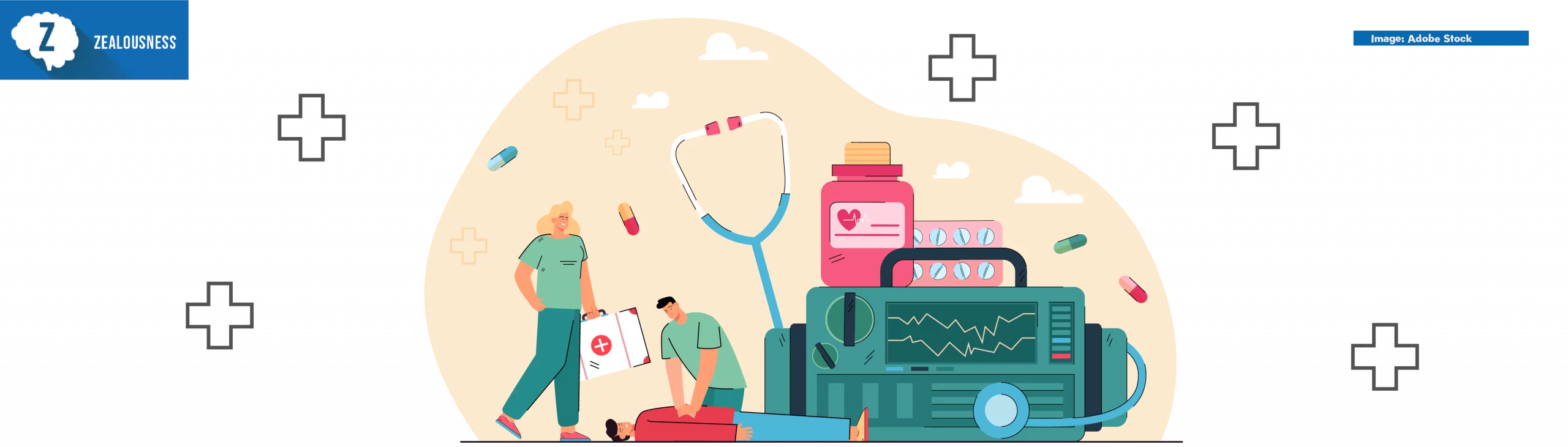 Emergency cardiopulmonary resuscitation. Flat vector illustration. Tiny medics with giant medical equipment saving the life of an unconscious man. Emergency, resuscitation, medical help, accident concept
