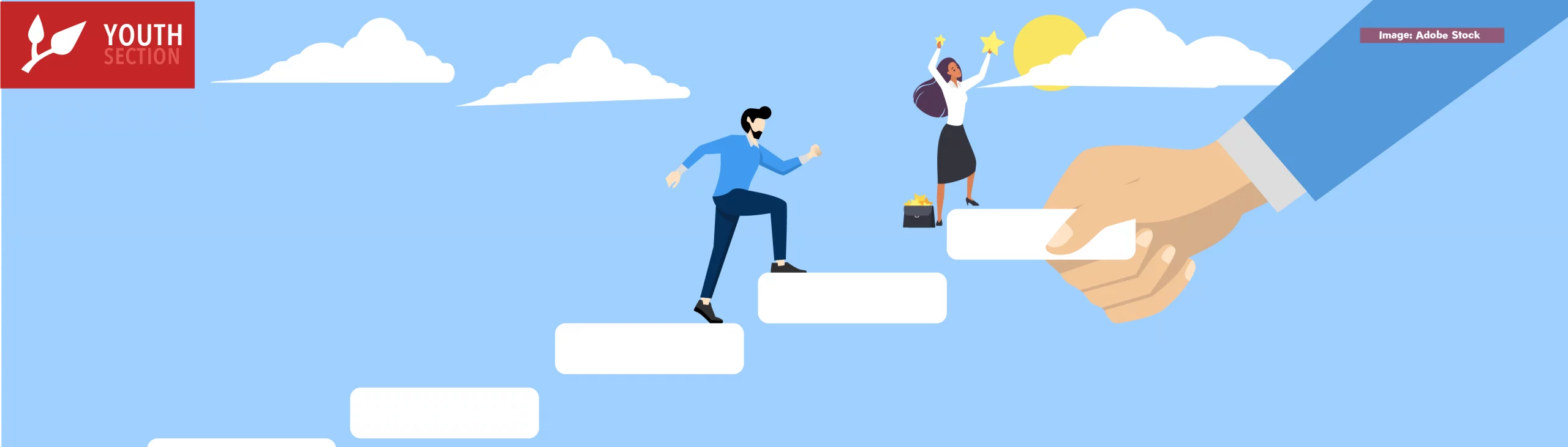 Alt: career growth concept. Big hand supporting career development symbol. Stairs to success, career path or steps to achieve business targets, challenges to achieve goals, growth or ambition. Alt2: Success and victory, goal achievement and businesswoman career vector illustration. Cartoon woman entrepreneur standing high on mountain to collect stars from blue sky, reach work progress and growth
