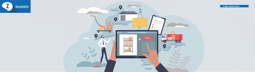 Inventory management with modern warehouse software tiny person concept. Digital app for stock analysis, supply and demand control vector illustration. Shipping optimization with effective delivery.